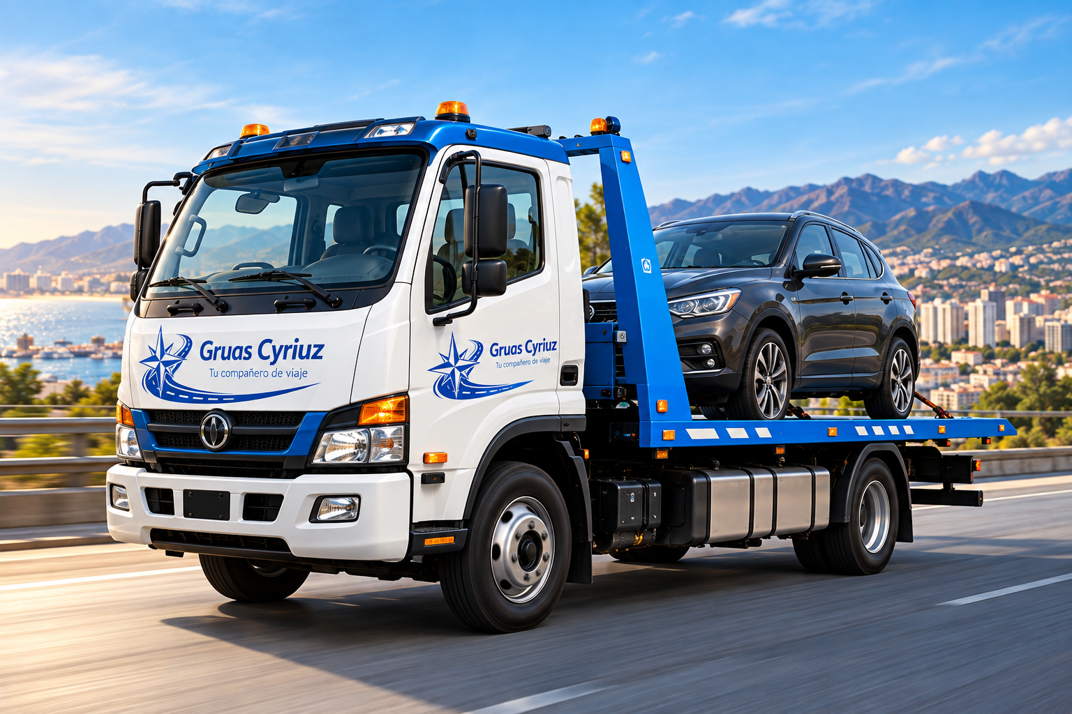 Grúa Cyriuz trasladando un vehículo por carretera